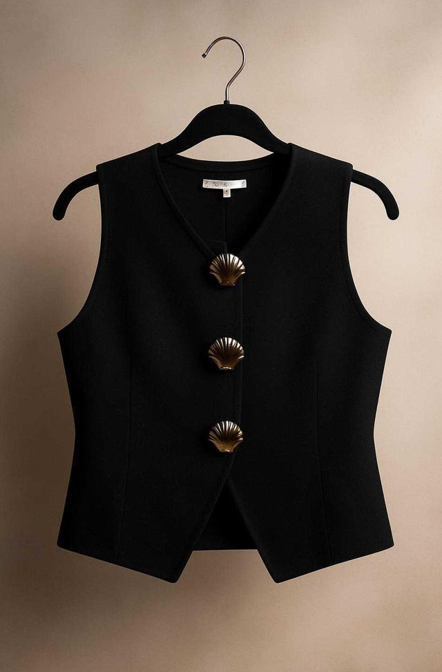 Shell Button Knitted Waistcoat - Black