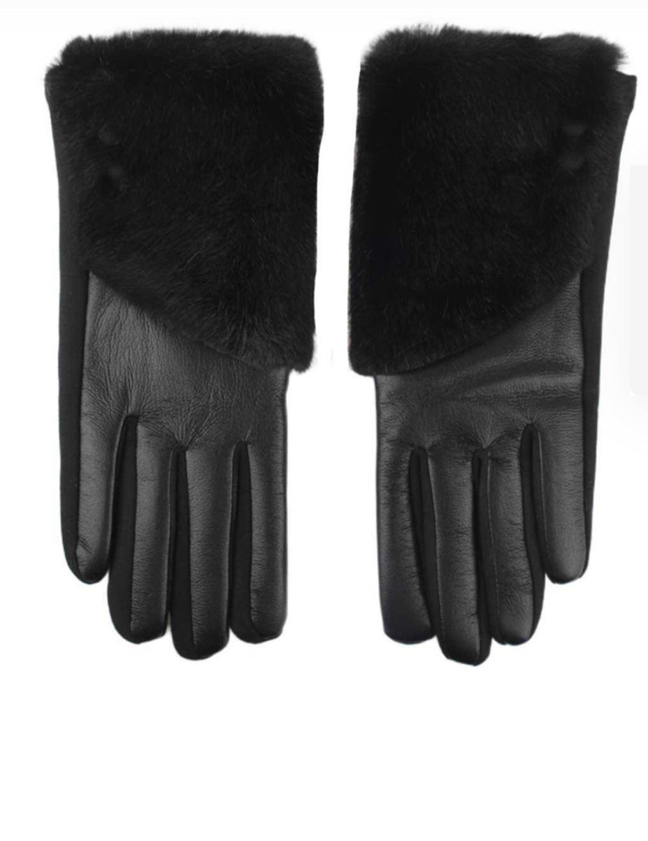 Faux Fur Leather Look Gloves - Black