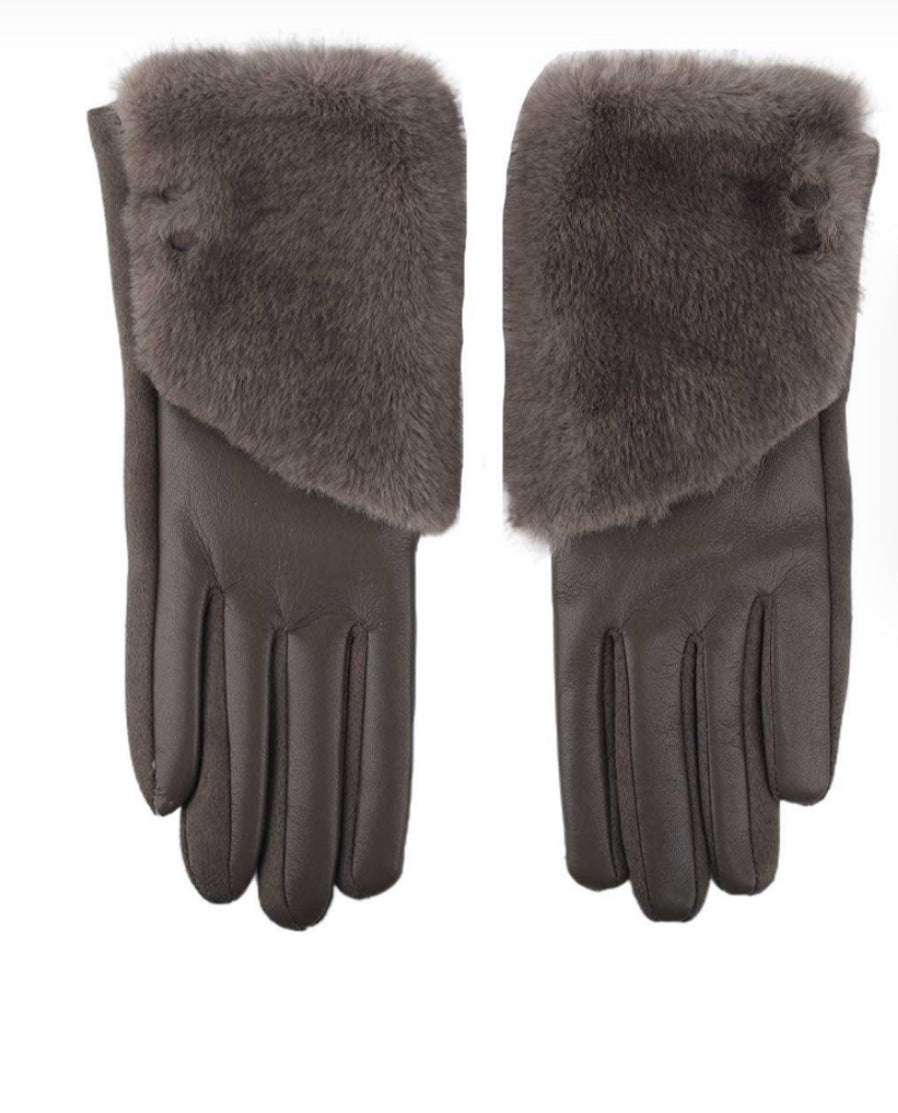 Faux Fur Leather Look Gloves - Dark Taupe