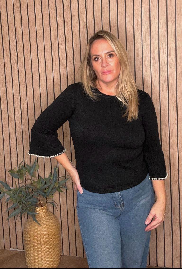 Black Beaded Flare Sleeve Jumper