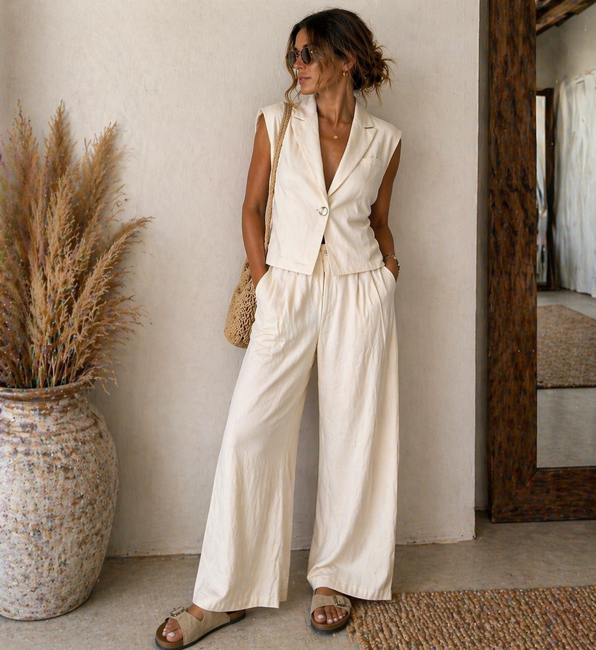 Cream Cotton Tailored Two-Piece Set