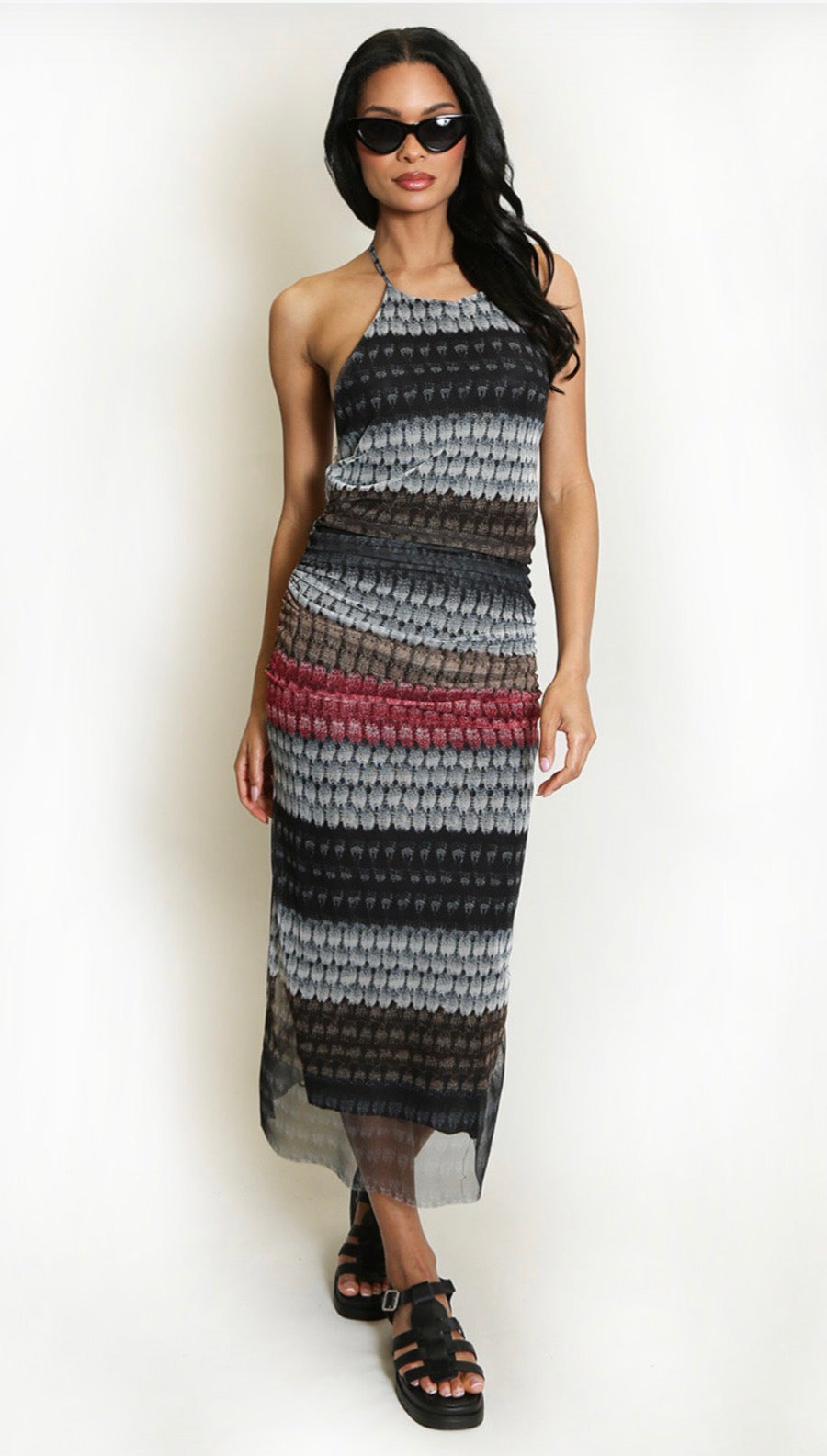 Printed Mesh Midi Dress