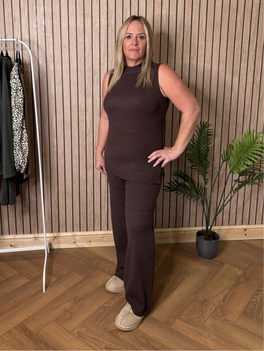 Knitted High Neck Co-Ord in Chocolate Brown