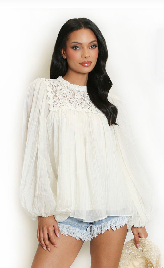 Crochet Puff Sleeve Floaty Blouse
