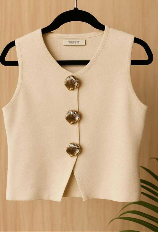 Shell Button Knitted Waistcoat - Cream