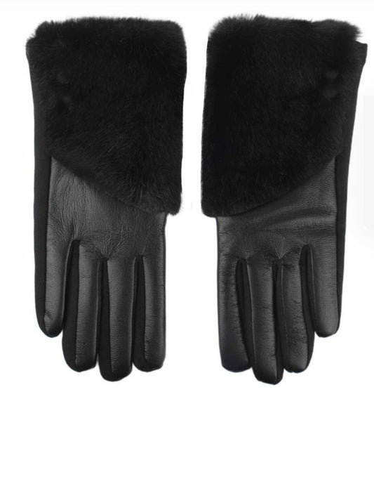 Faux Fur Leather Look Gloves - Black