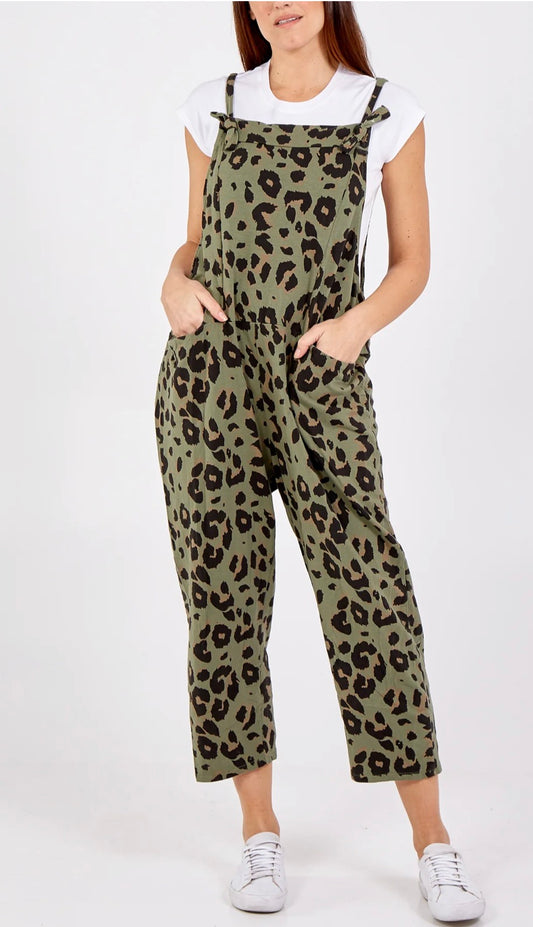 Leopard Print Dungarees - Khaki