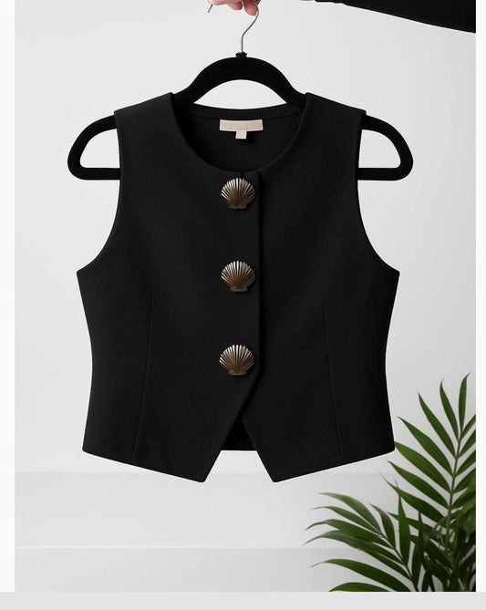 Shell Button Knitted Waistcoat - Black