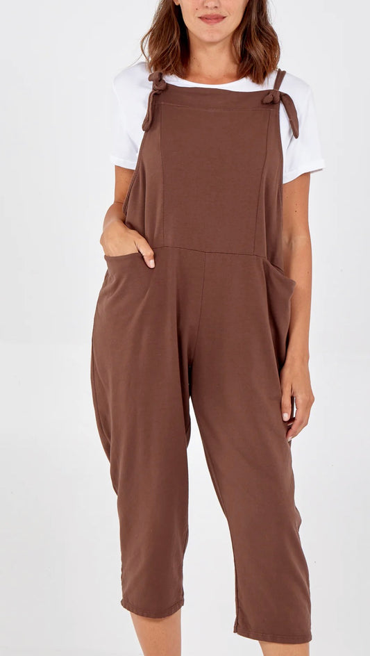 Bow Detail Plain Dungarees - Chocolate