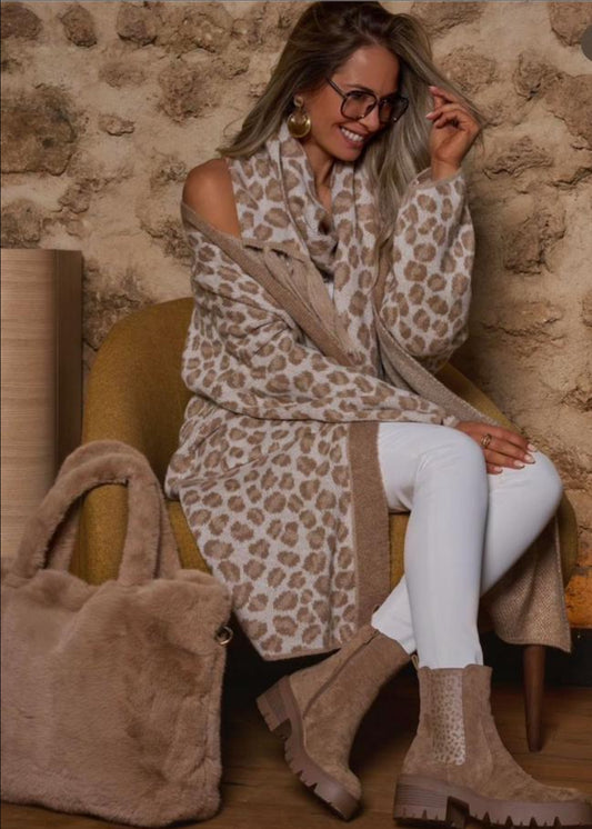 Animal Print Chunky Cardigan- Beige