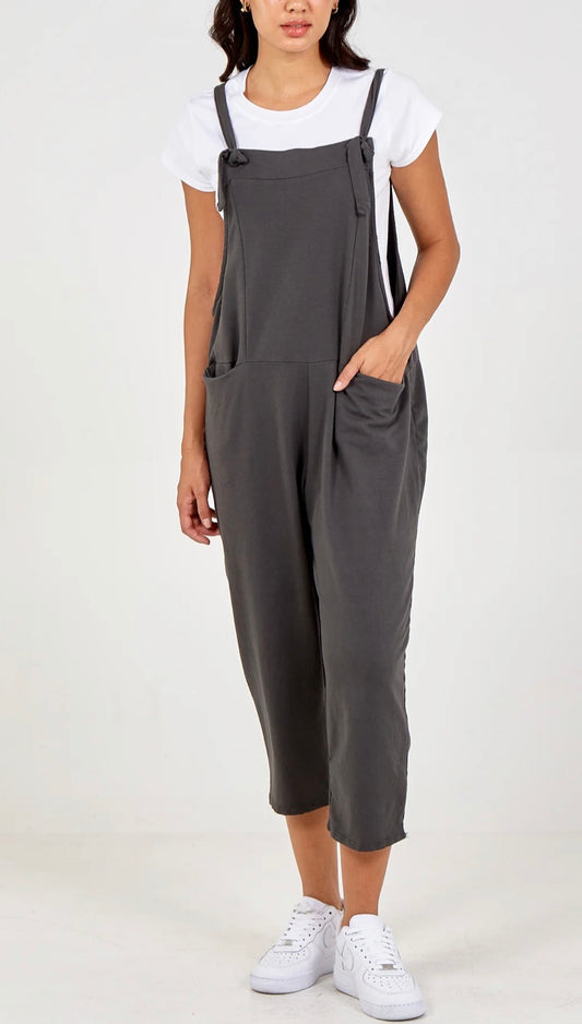Bow Detail Plain Dungarees - Charcoal