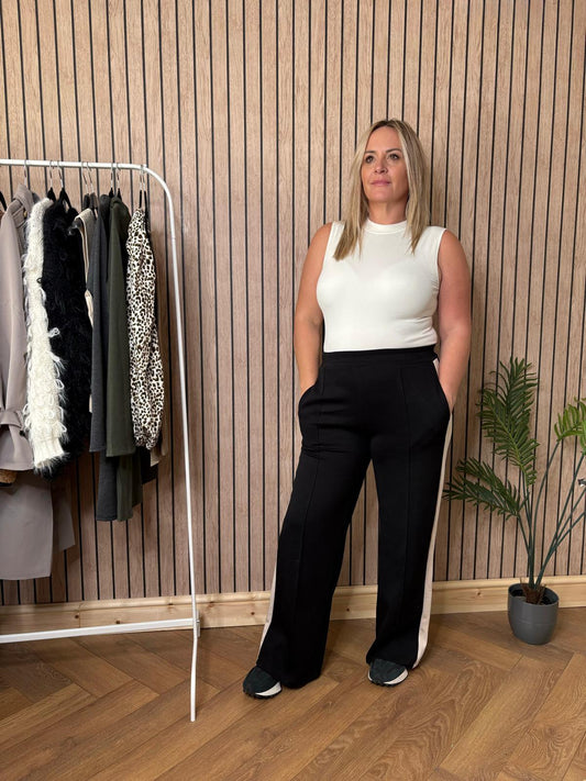 Black Jersey Side Stripe Wide Leg Trouser