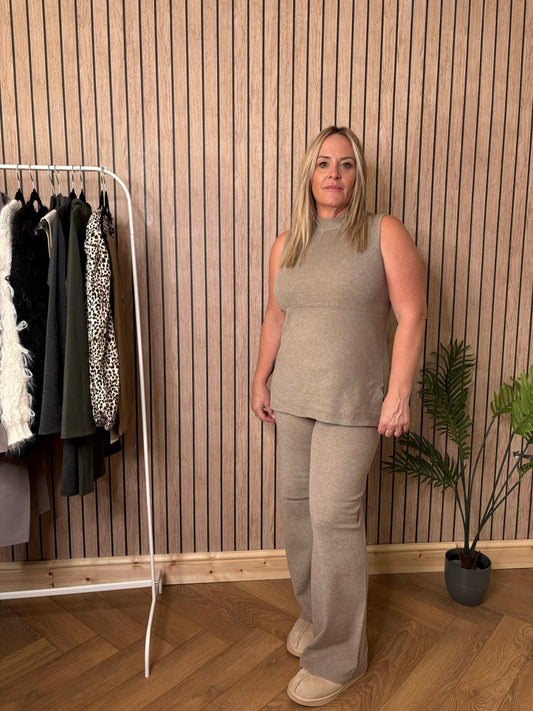 Knitted High Neck Co-Ord in Light Beige