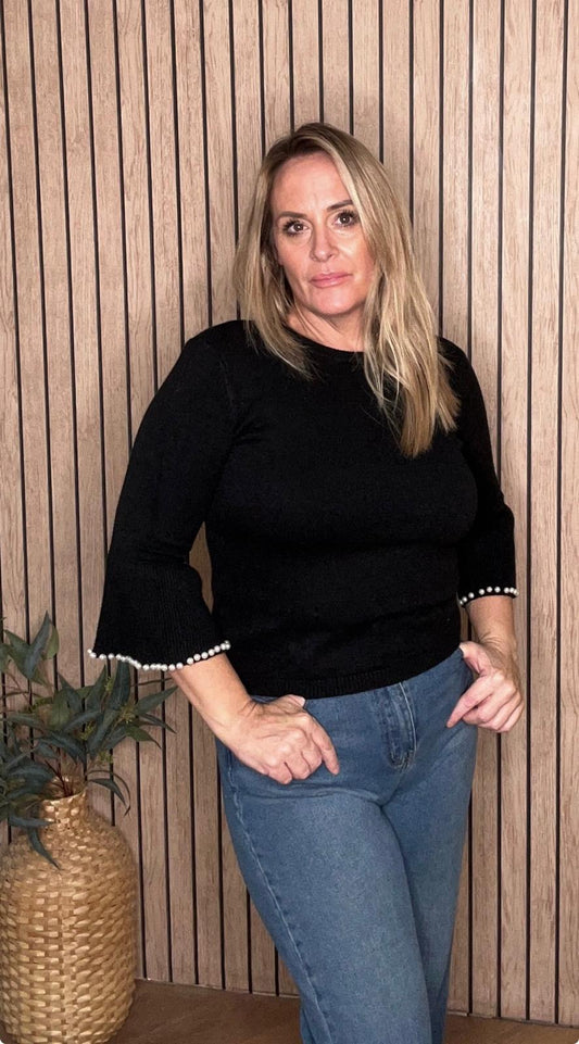 Black Beaded Flare Sleeve Jumper