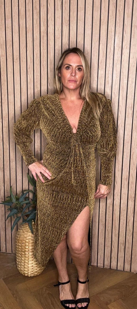 Drape Front Sparkly Midi Dress - Gold