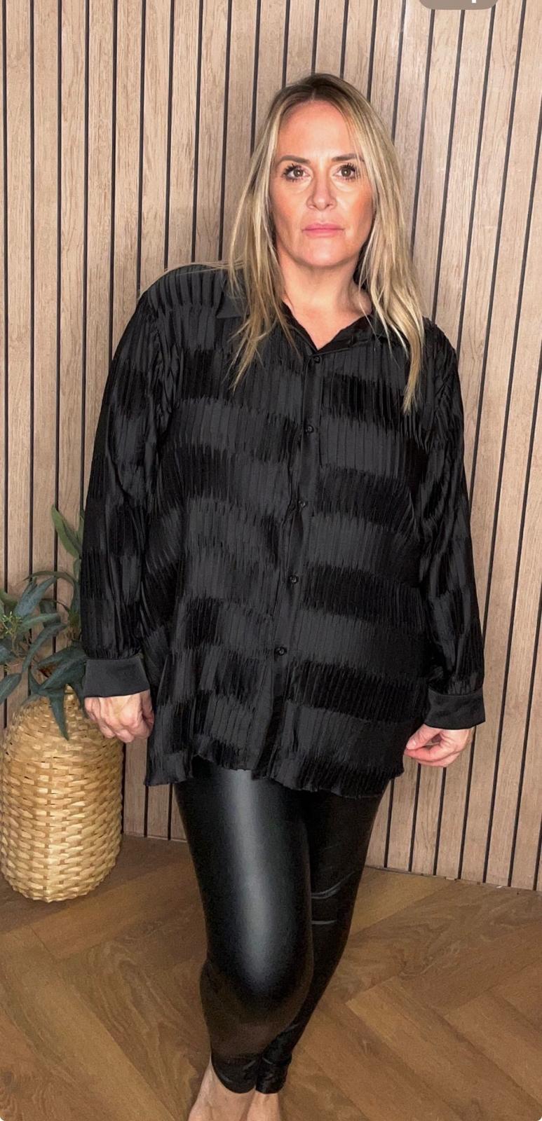 Black Satin Crinkle Collared Shirt