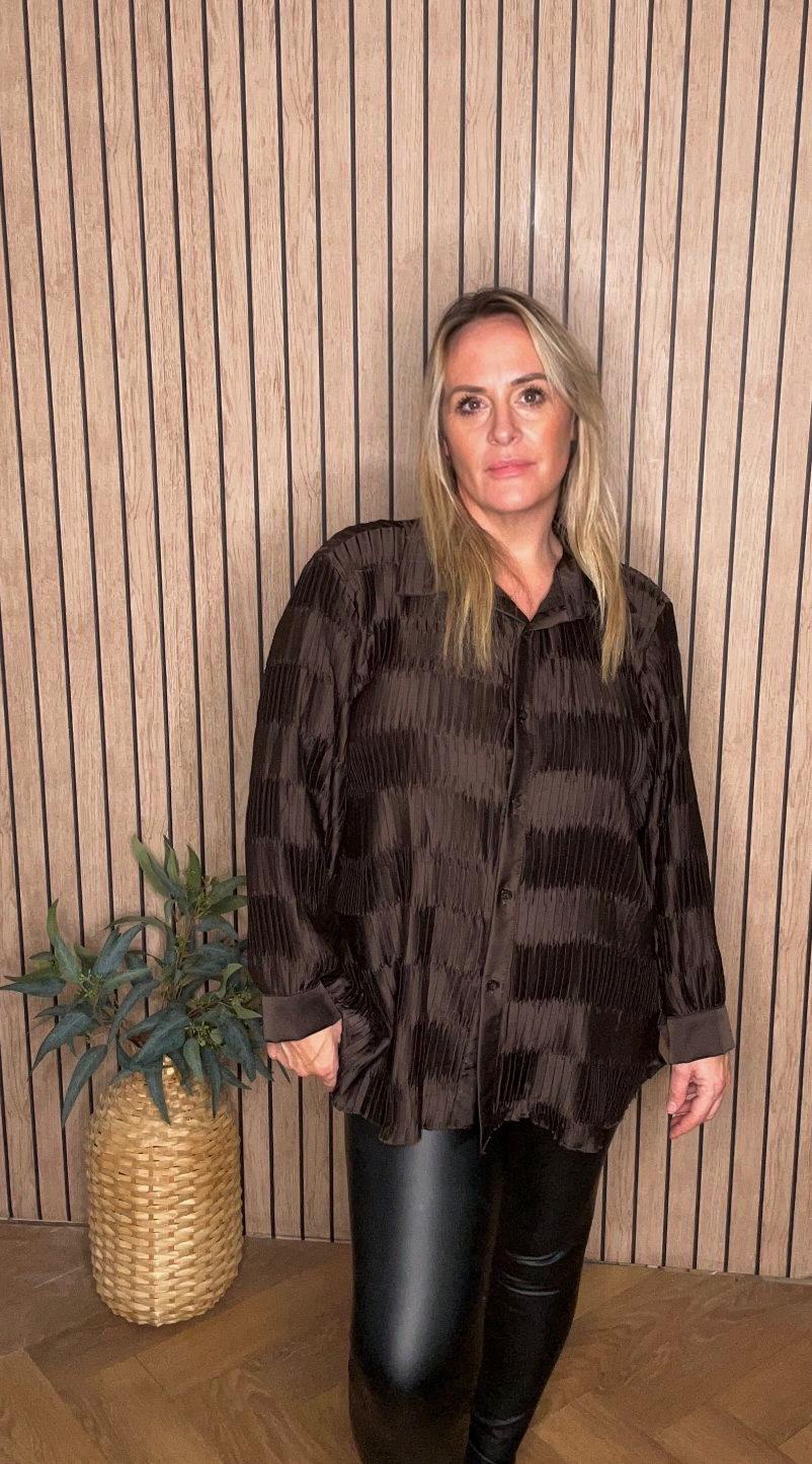 Chocolate Satin Crinkle Collared Shirt
