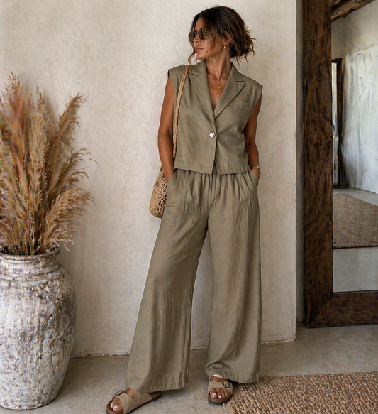 Khaki Cotton Tailored Two-Piece Set