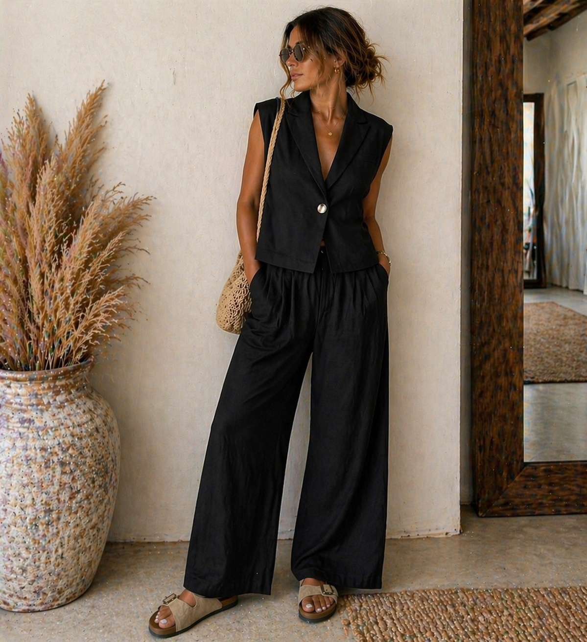 Black Cotton Tailored Two-Piece Set